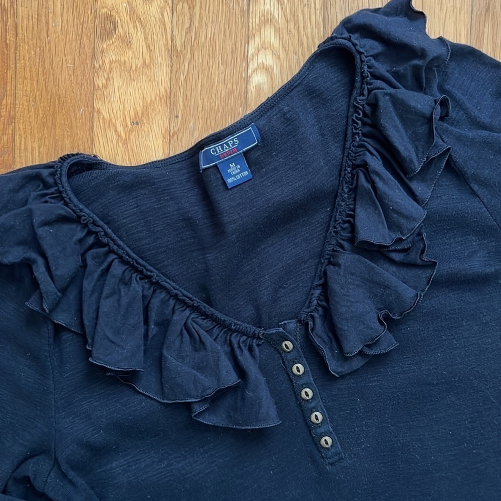 Chaps Y2K Style Black Ruffle Collar 3/4 Sleeve 100% Cotton Knit T-Shirt Blouse - Picture 4 of 11